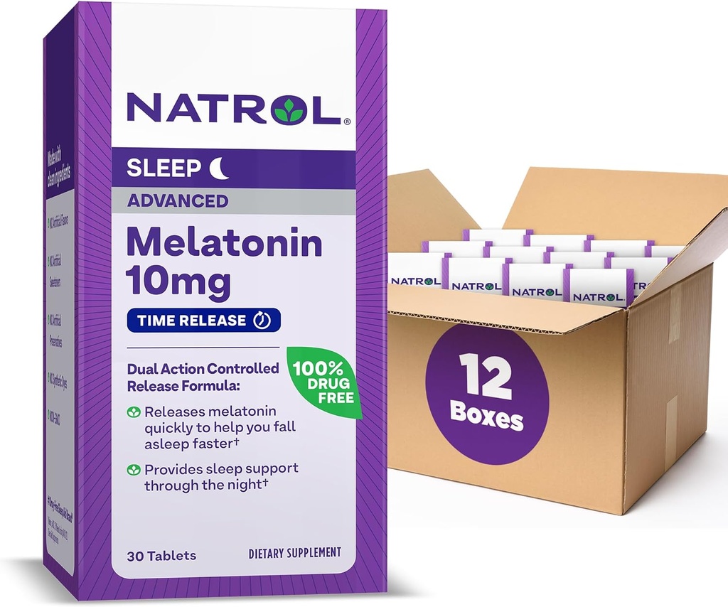 Natrol Advanced Sleep Melatonin 10mg, Συμπλήρωμα Διατροφής για Αναπαύσιμο Ύπνο, Δισκία Χρονικής Απελευθέρωσης Μελατονίνης, 30 δισκία Time-Release, 30 Day Supply (Pack of 12)