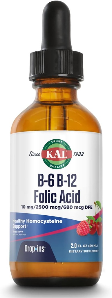 KAL Vitamin B-6 B-12 Follic Acid Dropins, Υγρή βιταμίνη Β συμπλήρωμα σταγόνες, την υγεία της καρδιάς, την ενέργεια, την υποστήριξη των ερυθρών αιμοσφαιρίων με μεθυλο-B12 και φολικό μεθύλιο, φυσική μικτή γεύση μούρου, 59 εξυπηρετούν, 2oz