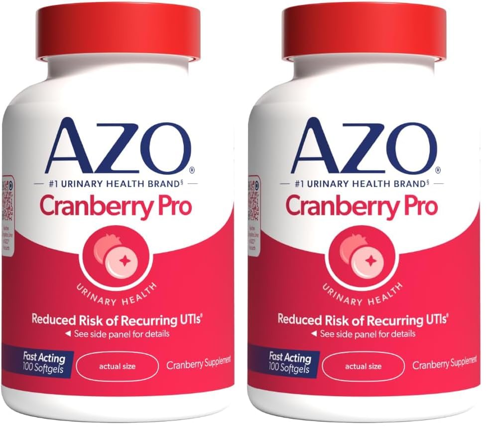 AZO Cranberry Pro Urinary Tract Health Supplement 600mg PACRAN, 1 Serving : More than 1 Glass of Cranberry Juice, Sugar Free Cranberry Pills, Non-GMO 100 Softgels (Pack of 2)