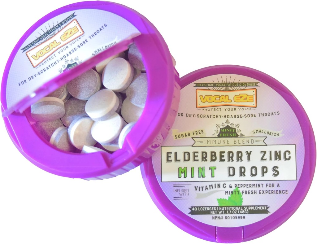 Vocal Eze Elderberry Mint with Vitamin C and Zinc (40) | Lozenges to Relieve Sore, Hoarse, Fatigue, Dryness of Throat | Voice Support, Sugar Free