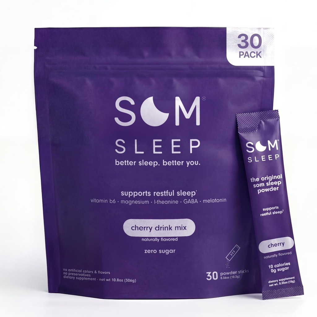 Som Sleep, Calm Sleep Aid Powder Drink Mix, 3mg Μελατονίνη, Μαγνήσιο, Βιταμίνη Β6, L-Θεανίνη & GABA – Vegan, Zero Sugar, Keto Friendly – Cherry, 30-Pack
