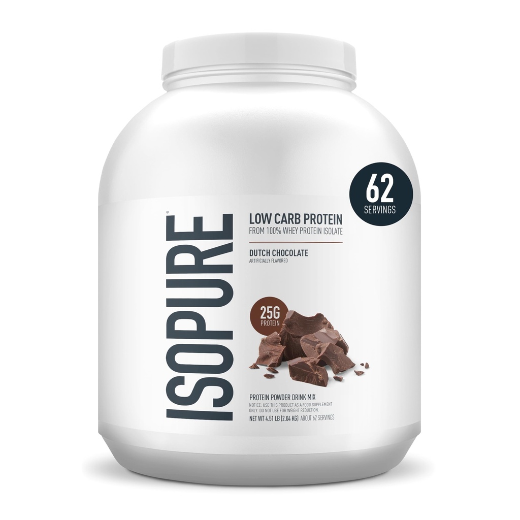 Isopure Low Carb 100% Pure Whey Isolate Protein Powder, Gluten Free, With Vitamins, Dutch Chocolate, 25g Protein Per Serving, 4.5 Lbs, 62 Servings (Packaging May Vary)
