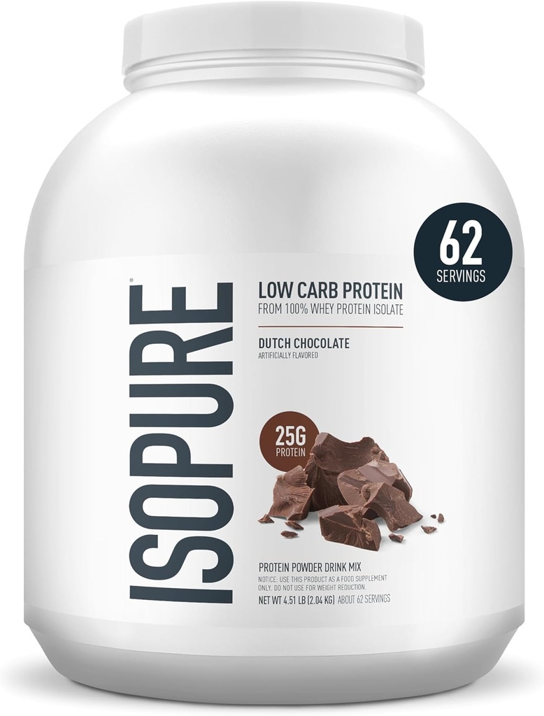 Isopure Low Carb 100% Pure Whey Isolate Protein Powder, Lactose Free, Gluten Free, With Vitamins, Dutch Chocolate, 25g Protein Per Serving, 4.5 Lbs, 62 Servings (Packaging May Vary)