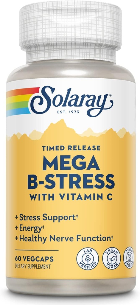 SOLARAY Mega Vitamin B-Stress, Timed-Release Vitamin B Complex με 1000 mg βιταμίνης C για το άγχος, την ενέργεια, τα ερυθρά αιμοσφαίρια & ανοσοποιητική υποστήριξη, 60 Ημέρα Εγγύηση, Vegan, 20 εξυπηρετούν, 60 VegCaps