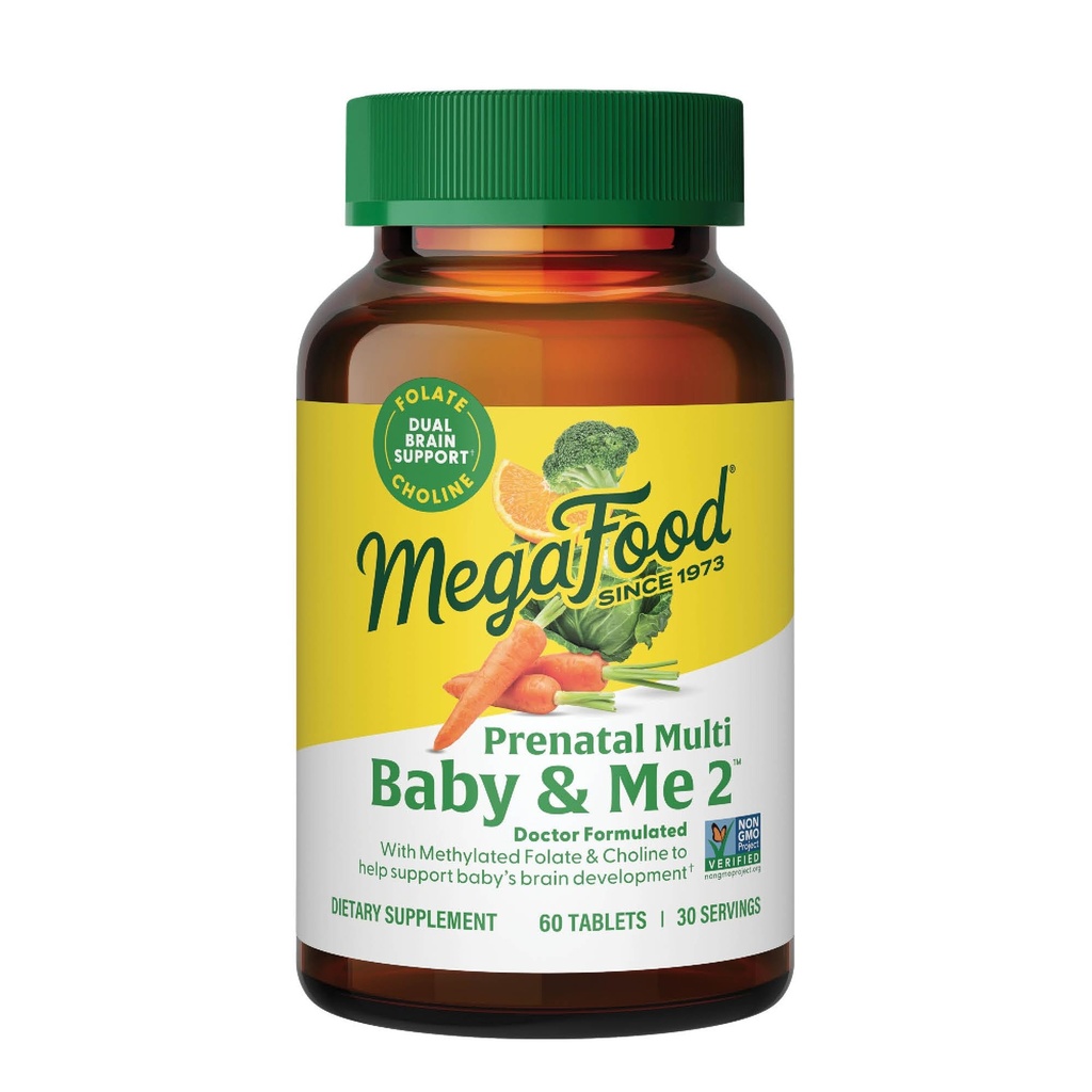 MegaFood Baby & Me 2 Προγεννητική Βιταμίνη και Ορυκτά - Βιταμίνες για γυναίκες - με Folate (Folic Acid Natural Form), Χολίνη, Σίδερο, Ιώδιο, και Βιταμίνη C, Βιταμίνη D και περισσότερα - 60 Tabs (30 Servings)