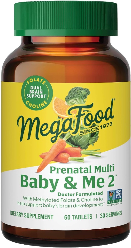 MegaFood Baby & Me 2 Προγεννητική Βιταμίνη και Ορυκτά - Βιταμίνες για γυναίκες - με Folate (Folic Acid Natural Form), Χολίνη, Σίδερο, Ιώδιο, και Βιταμίνη C, Βιταμίνη D και περισσότερα - 60 Tabs (30 Servings)