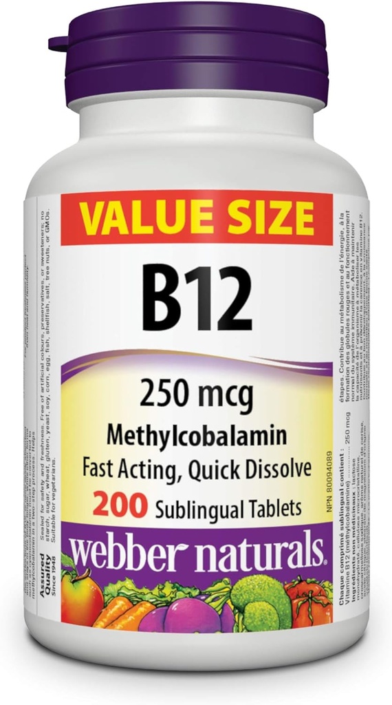 Webber Naturals Βιταμίνη B12 250 mcg Μεθυλοκοβαλαμίνη, 200 υπογλώσσια δισκία