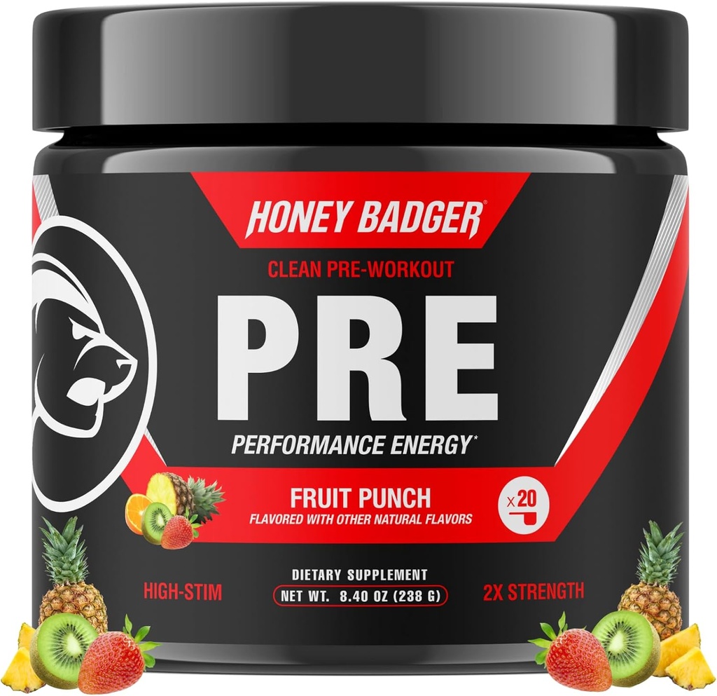 Μέλι Badger Pre Workout σκόνη, Keto Vegan Preworkout για άνδρες & γυναίκες, Beta Alanine & Caffeine, ζάχαρη χωρίς φυσική ενέργεια συμπλήρωμα, Punch φρούτων (High-Stim)