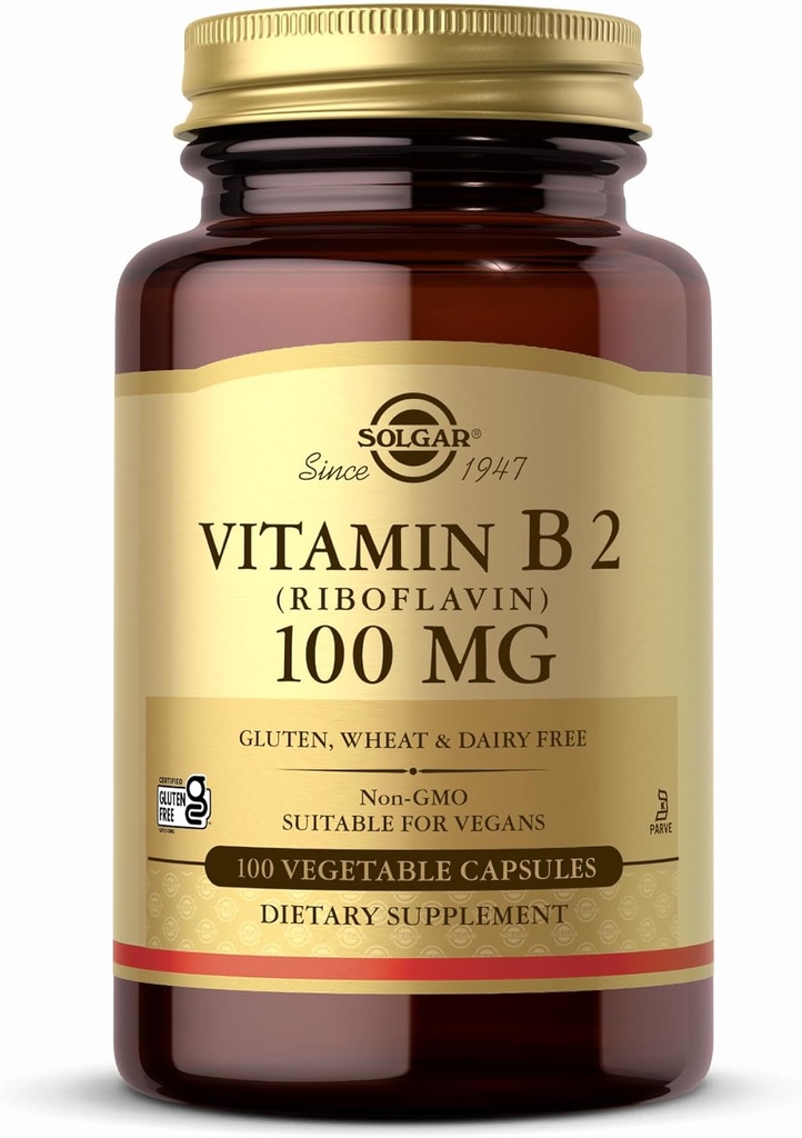 Solgar Vitamin B2 (Riboflavin) 100mg - 100 κάψουλες λαχανικών - Μη ΓΤΟ, Vegan, Χωρίς γλουτένη, Χωρίς γαλακτοκομικά, Kosher - 100 σερβιρίσματα