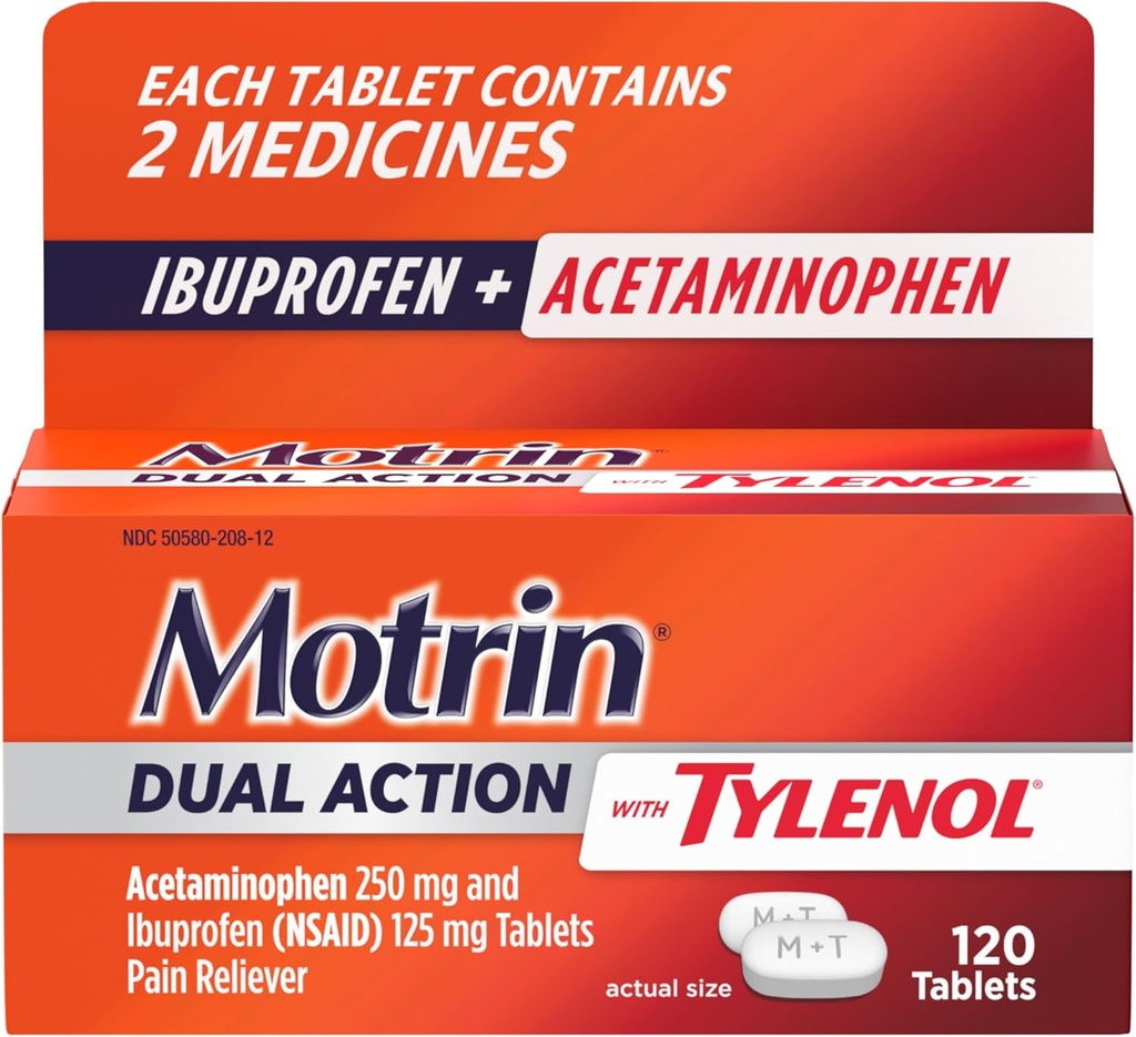 Motrin Dual Action with Tylenol, Ibuprofen & Acetaminophen Fast- Acting Dual Action Pain Reliever for Minor Aches & Pains, Ibuprofen (NSAID) 125 mg & Acetaminophen 250 mg, 120 ct