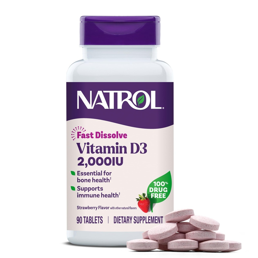 Natrol ταχεία διάλυση βιταμίνη D3 2.000 IU, συμπλήρωμα διατροφής για τα οστά και κοινή υγεία, συμπλήρωμα υποστήριξης των οστών, 90 δισκία, 90 ημέρες προσφοράς
