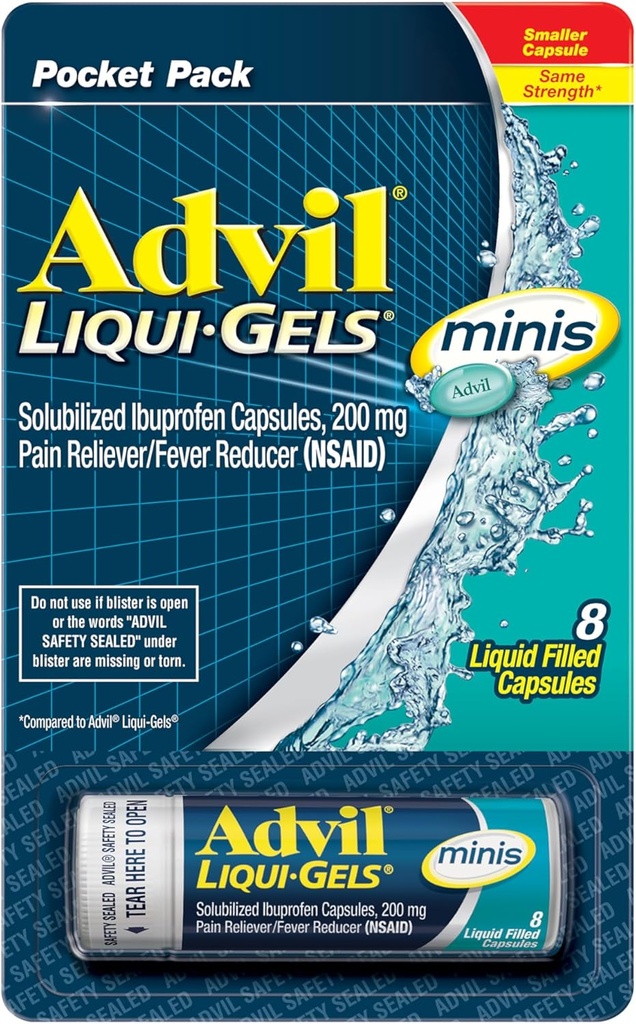 Advil Liqui-Gels minis Pain Reliever and Fever Reducer, Pain Medicine for Adults with Ibuprofen 200mg for Pain Relief - 8 Liquid Filled Capsles