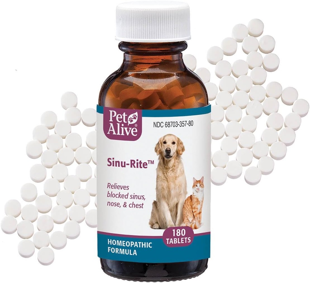 PetAlive Sinu-Rite Cat and Dog Ρινική Συμφόρηση Ανακούφιση - Ομοιοπαθητικά δισκία - Υποστηρίζει την προσωρινή ανακούφιση από τη δυσπεψία του κόλπου, Runny μύτη, πίεση προσώπου - Dog and Cat Sneezing θεραπεία - 180 κόμης