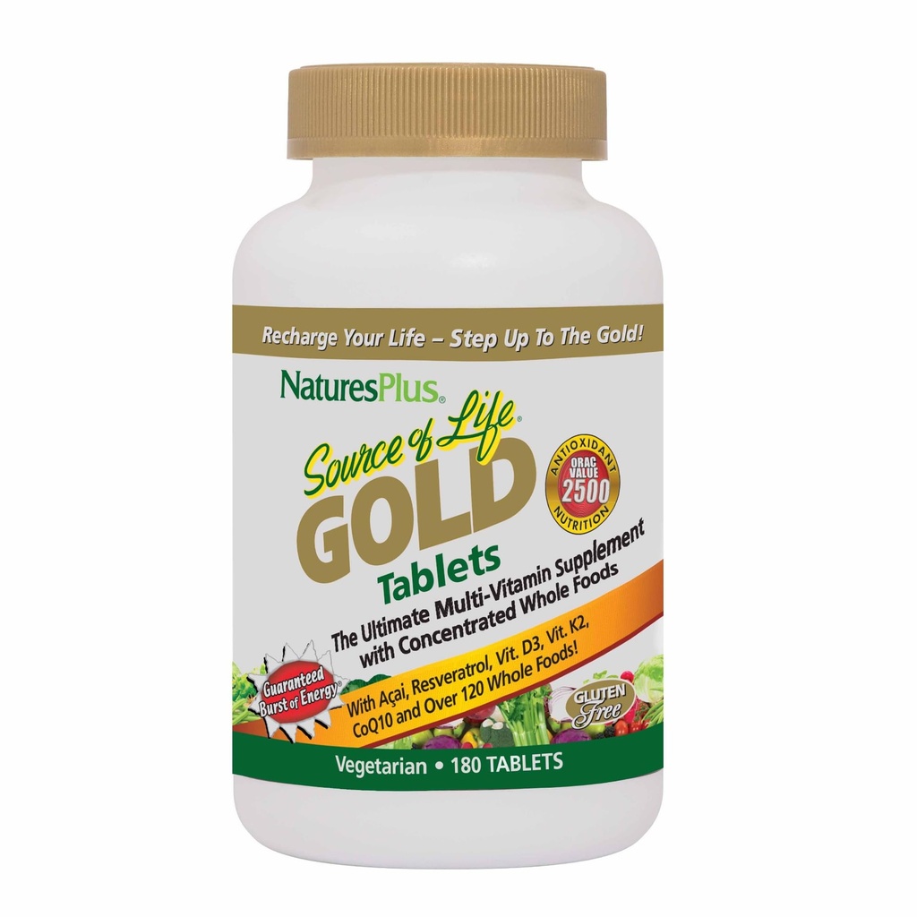 Natures Plus Source of Life Gold Multivitamin - 180 Tablets - Υποστήριξη αίματος, Υποστήριξη οστών, Υγιεινό ανοσοποιητικό σύστημα - Περιλαμβάνει Βιταμίνες D3, B12, K2 & Πάνω από 120 Ολόκληρα θρεπτικά συστατικά τροφίμων - 60 Σερβιέτες