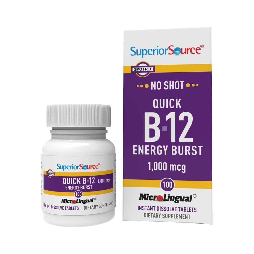 Superior Source NO Shot Quick Energy Burst B-12 1,000 mcg - Premium συμπλήρωμα υποστήριξης νευρικού συστήματος - Μη GMO & Gluten-free - 100 MicroLingual Instant Dissolve Tablets
