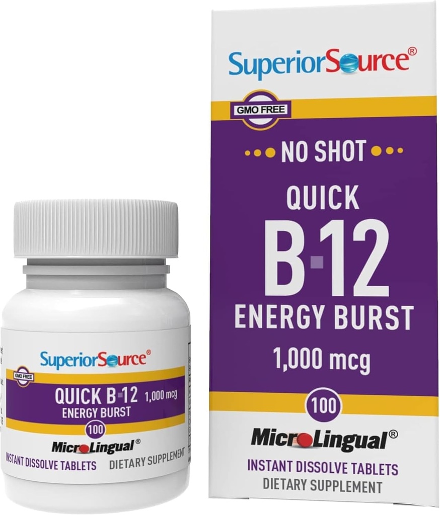 Superior Source NO Shot Quick Energy Burst B-12 1,000 mcg - Premium Nervous System Support Supplement - Non-GMO & Gluten-Free - 100 MicroLingual Instant Dissolve Tablets