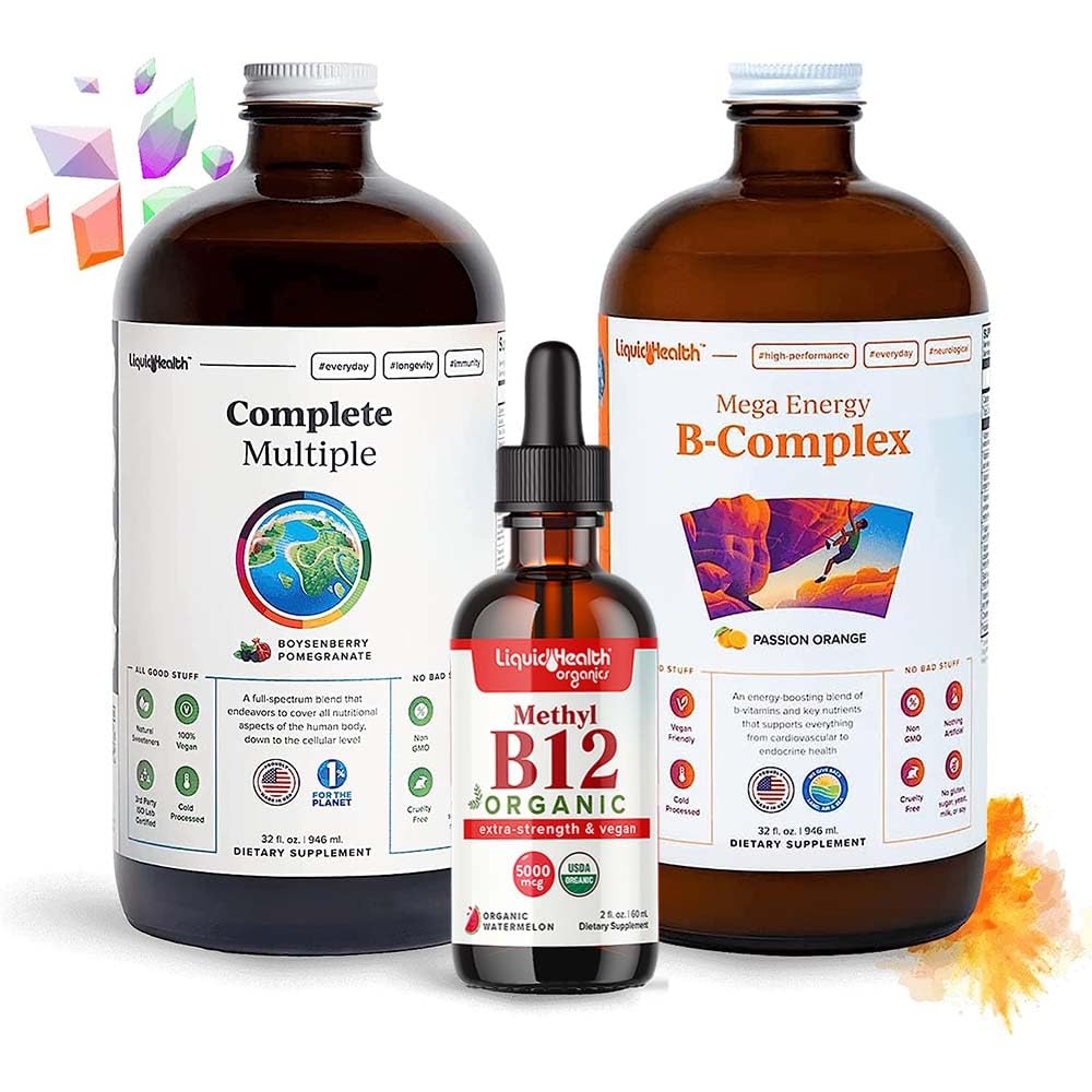 LIQUIDHEALTH High Performance Vitamin Bundle for Adults with Mega Energy B-Complex, Complete Multiple Multivitamin & Organic Vitamin B12 Drops - Boost Natural Energy & Improve Athletic Performance