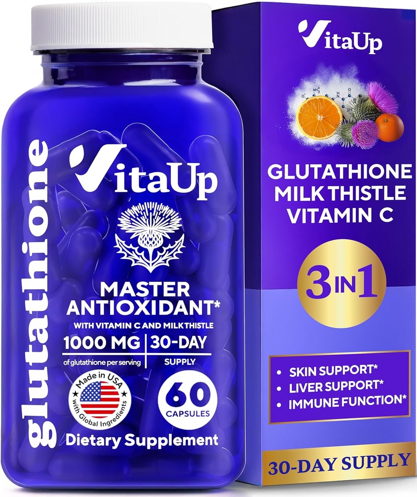 Μειωμένο συμπλήρωμα γλουταθειόνης 1000mg - USA Made Glutathionone Κάψουλες με Βιταμίνη C & Γάλα Γαϊδουράγκαθο για τη φροντίδα του ήπατος, την υποστήριξη του δέρματος & την ανοσοποιητική ευεξία - 60 Count