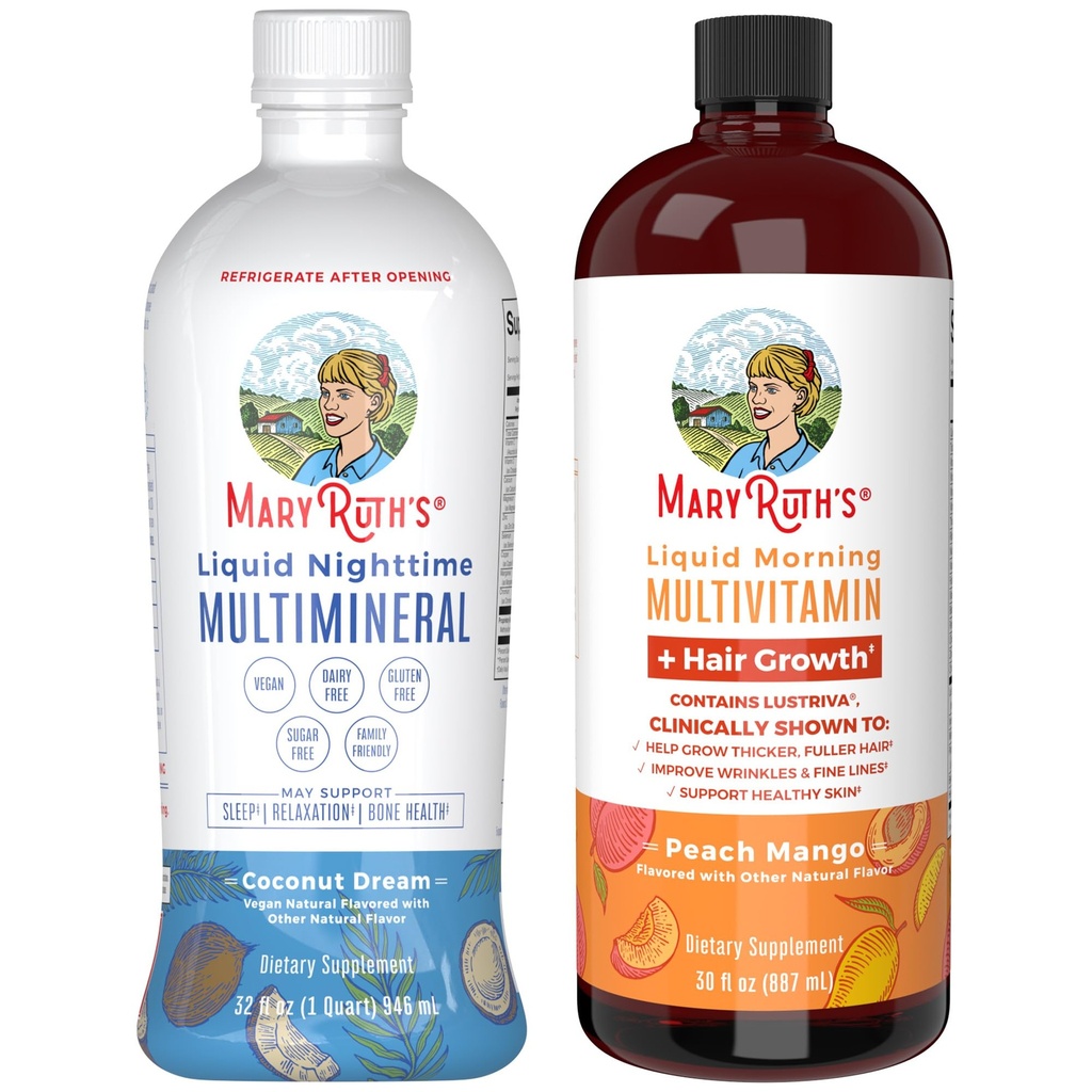 MaryRuth’s Nighttime Multimineral (Coconut, 32oz) & Multivitamin Liquid + Hair Growth (Peach Mango, 30oz) | Clean Label Project Verified® | Bedtime Routine & Beauty | Sugar-Free, Vegan, Gluten-Free