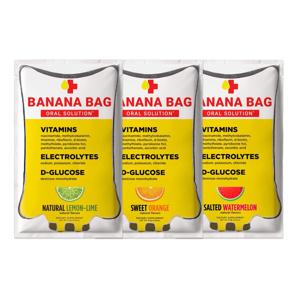 Banana Bag Oral Solution Packets – Variety Pack 6pk | A Refreshing Blend of Electrolytes, Vitamin C, and B-Complex | Crafted for Hydration and a Daily Boost Anytime—at Home, Work, or on the Go