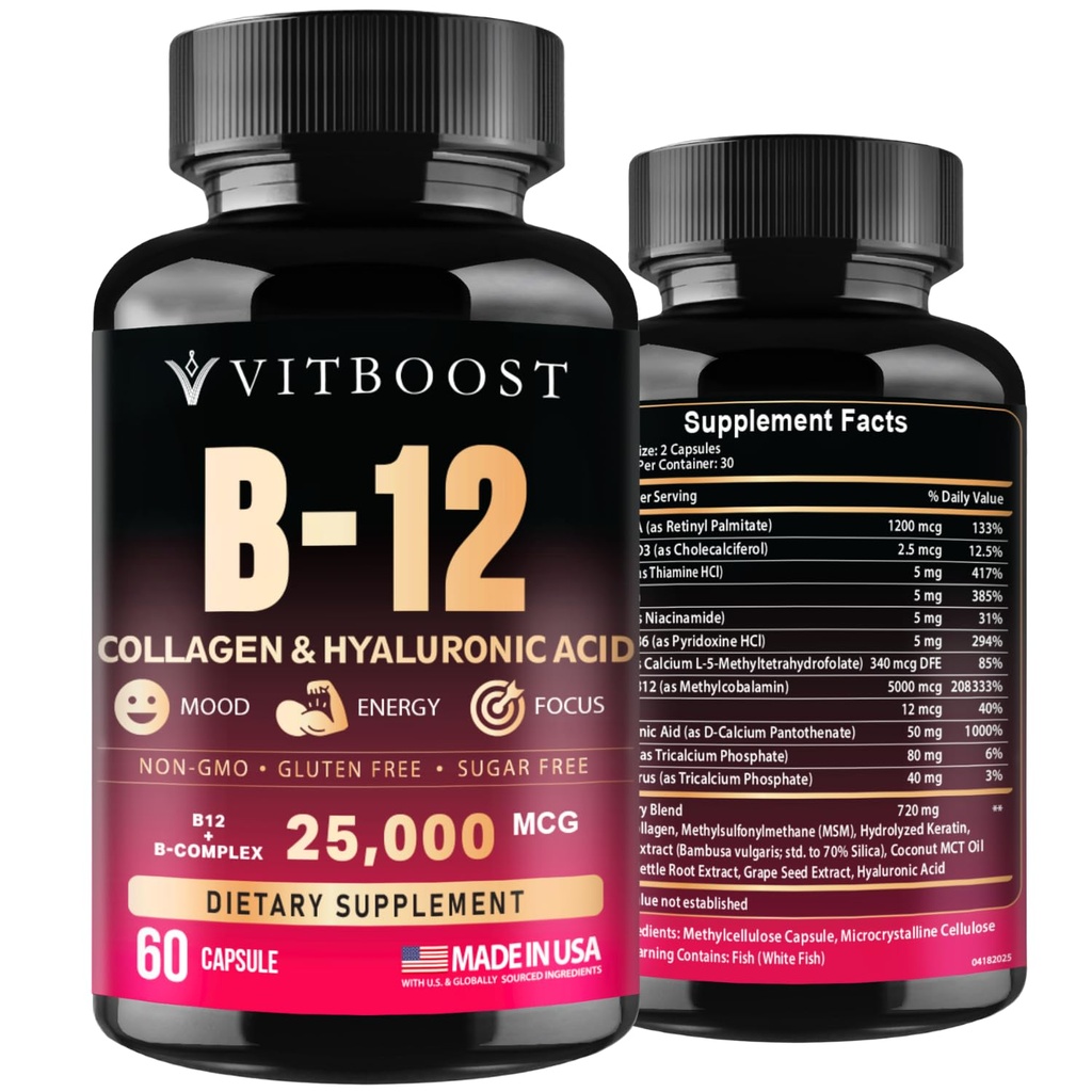 B12 with Hyaluronic Acid, Collagen and Folate – 25000 mcg B12 Complex | Maximize Absorption & Energy | Gluten Free USA Made, B1, B2, B3, B6, B7, B12 vitamins 5000 mcg Methylcobalamin - 60 Capsules