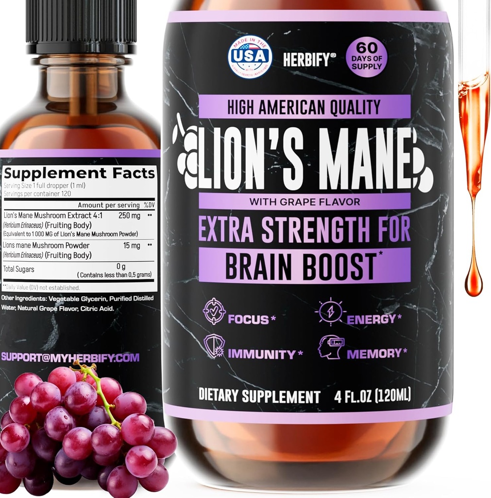 HERBIFY Lions Mane συμπλήρωμα - ημερήσιο συμπλήρωμα μανιταριών για τη μνήμη, εστίαση & σαφήνεια - Brain Booster - Lions Mane Βάμμα για την ανοσοποιητική υποστήριξη - 4 Fl oz Grape Flavor