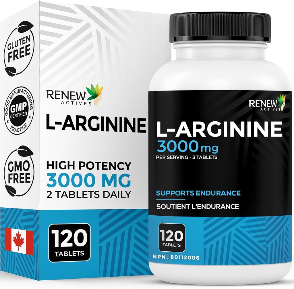 Renew Actives L-Arginine Supplement 1000MG for Serving - Δύναμη & Αντοχή, Απαραίτητη για τη σύνθεση πρωτεϊνών & τη λειτουργία μυών, Αναμνηστική Φυσικής Απόδοσης - Made in Canada - 120 Tablets
