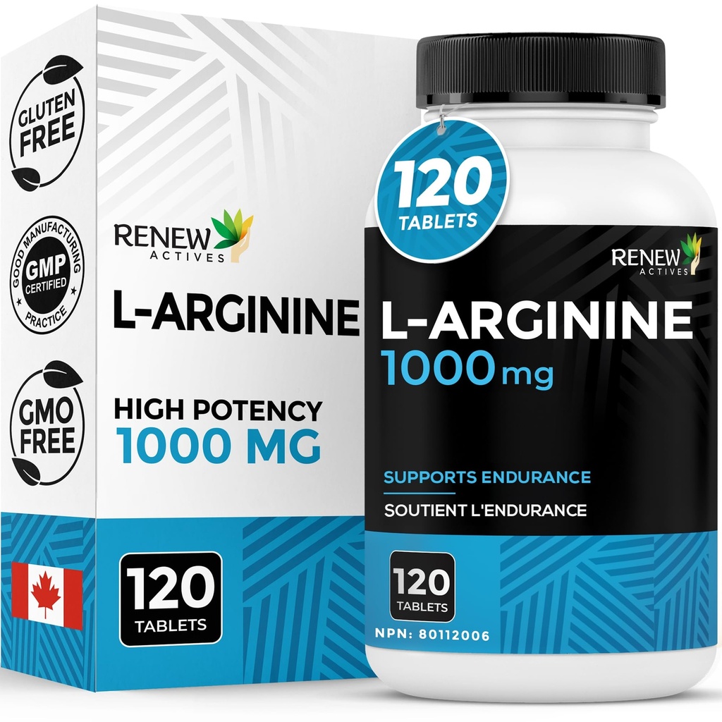 Renew Actives L-Arginine Supplement 1000MG for Serving - Δύναμη & Αντοχή, Απαραίτητη για τη σύνθεση πρωτεϊνών και τη λειτουργία μυών, Αναμνηστική Φυσικής Απόδοσης - Κατασκευάζεται στον Καναδά - 120 Tablets
