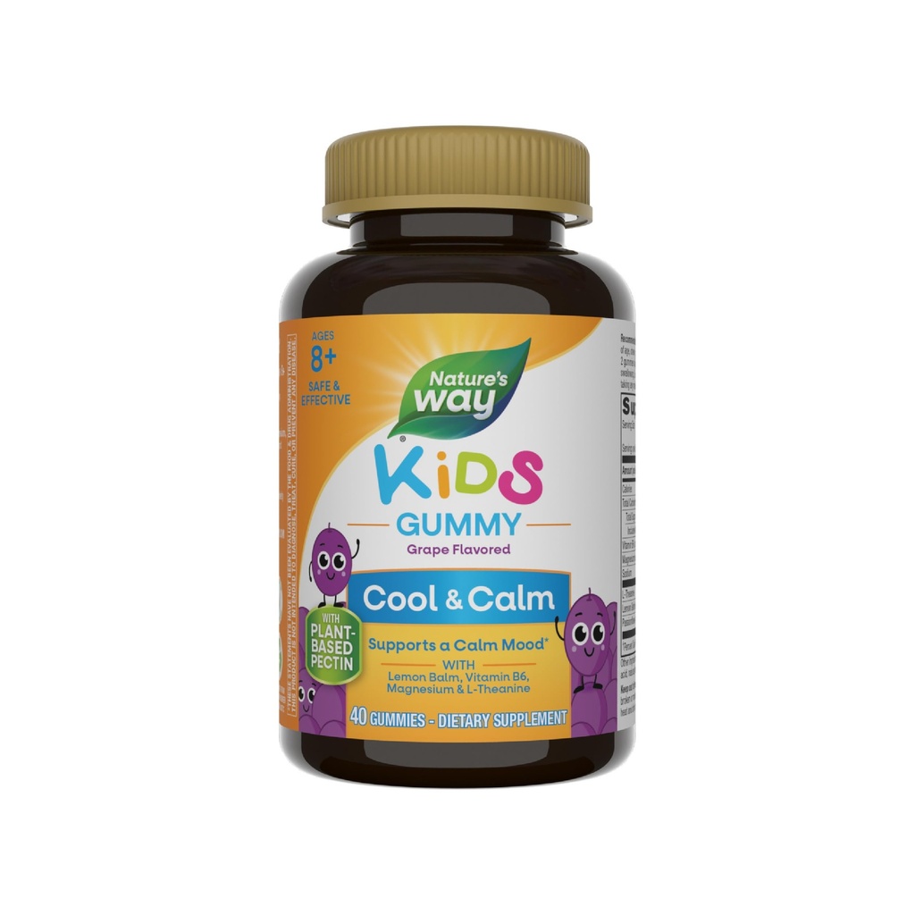 Nature's Way Kids Cool & Calm Gummies, Υποστηρίζει μια ήρεμη διάθεση στα παιδιά Ηλικίες 8+*, βάλσαμο λεμονιών, Μαγνήσιο, Βιταμίνη Β6, L-Θεανίνη, Grape Flavored, Χορτοφαγικά, 40 Count (Packing May Vary)