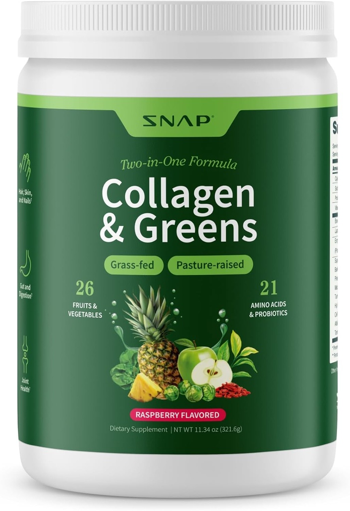 Snap Συμπληρώματα Super Greens σκόνη με Collagen Peptides, 26 φρούτα και λαχανικά, Grass Fed, μη ΓΤΟ Daily Greens για τα μαλλιά, το δέρμα, νύχια & κοινή υποστήριξη, 11,34 oz, (30 εξυπηρετούν, 1 μήνα προμήθεια)
