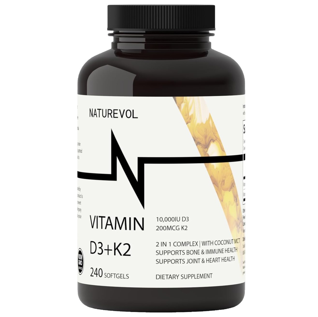 Vitamin D3 + K2 with Coconut Oil - D3 10,000 IU & K2 (MK-7) 200 mcg | 2-in-1 High Potency Support for Bone & Immune Health | Easy to Swallow | Non-GMO, Gluten & Soy Free - 240 Softgels