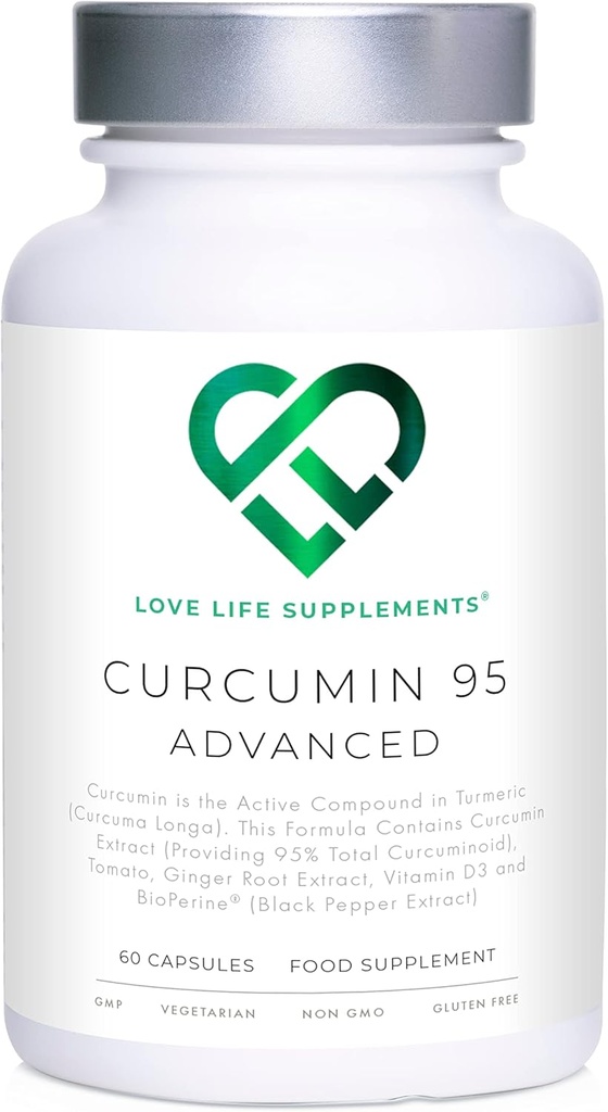 Curcumin 95 Advanced, 60 κάψουλες, υψηλής αντοχής κουρκουμίνη (το ενεργό συστατικό της Turmeric) με 95% κουρκουμινοειδή + BioPerine® (εκχύλισμα μαύρου πιπεριού), βιταμίνη D, ντομάτα και ρίζα τζίντζερ, GMP εγκεκριμένο