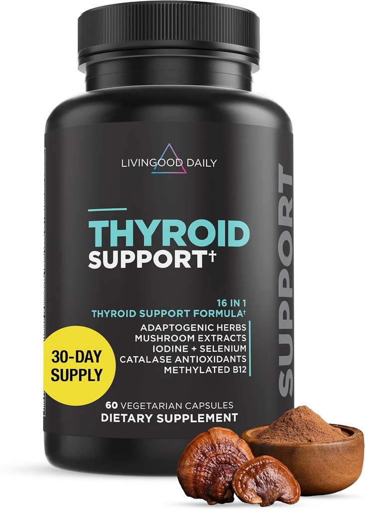 Livingood Daily Thyroid Support Supplement, 16-in-1 Wellness Blend with Adaptogenic Herbs, Iodine, Magnesium and Selenium, Thyroid Support for Women & Men, Vegetarian Capsles, Gluten Free, 60 Count