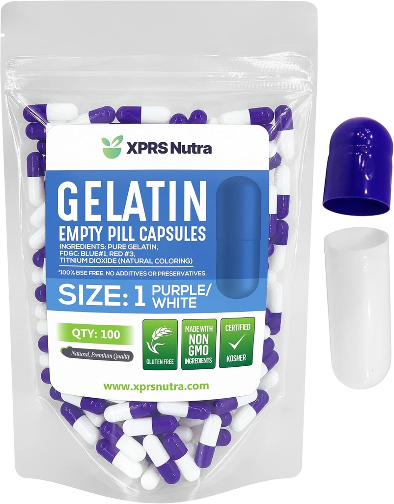 XPRS Nutra Μέγεθος 1 Κενές κάψουλες - 100 Count Empty Gelatin Κάψουλες - Χάπια DIY Καψάκιο Γέμισμα - Pure Bovine Pill Gel Caps for Do-It-Yourself Συμπληρώματα (Purple/White)