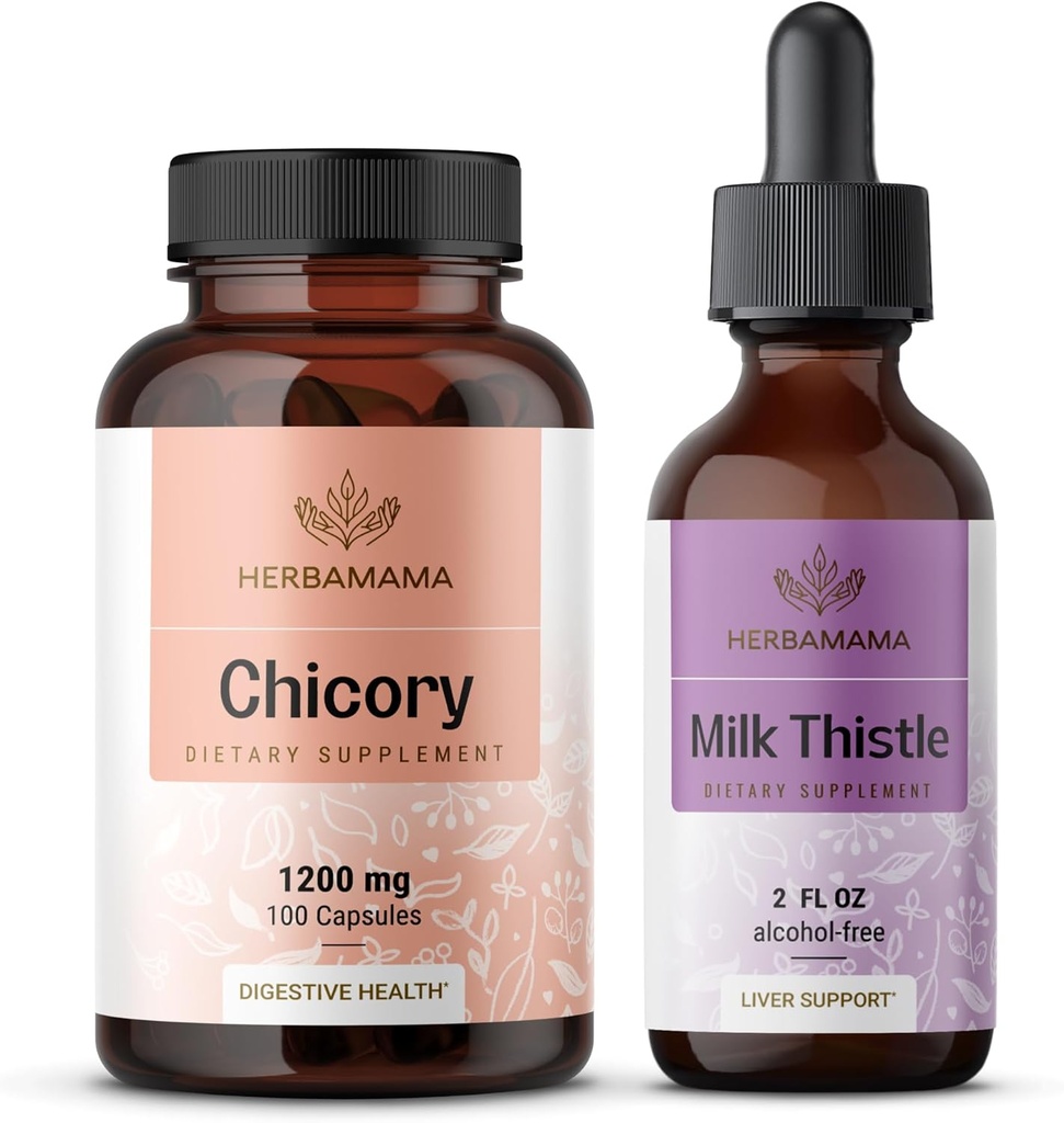 HERBAMAMA Chicory and Milk Thittle Kit - Bundle των 1200 mg Chicory Root Capsules & Milk Thittle Tigture 2 fl oz - Vegan, Μη ΓΤΟ, Ζάχαρη & Χωρίς Αλκοόλ - 2 Pack