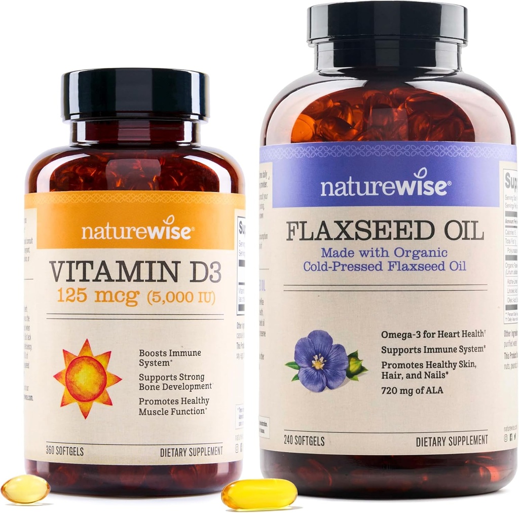 NatureWise Vitamin D3 5000iu (125 mcg) 1 έτος προσφοράς για υγιή μυϊκή λειτουργία, και ανοσοποιητική υποστήριξη Βιολογικό έλαιο flaxseed Max 720mg ALA 