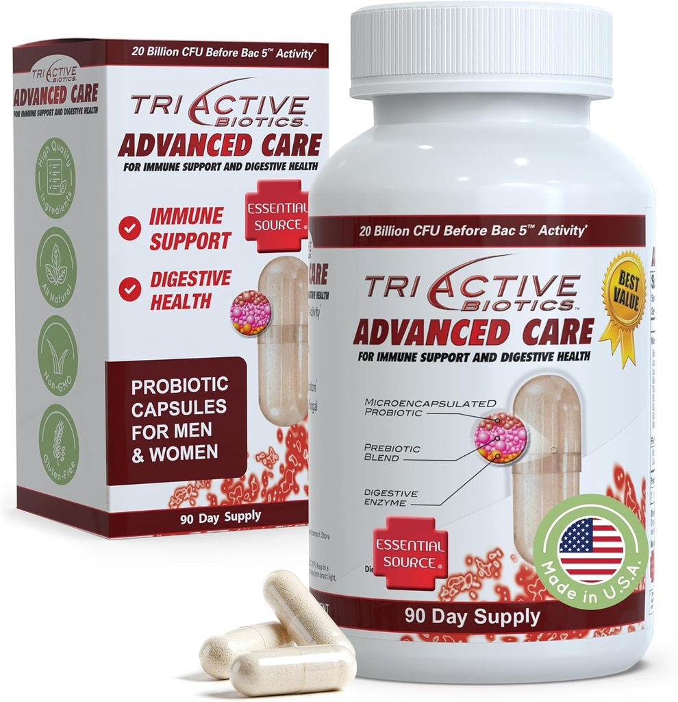 Essential Source TriActive Biotics Advanced Care - 20 Billion CFU Probiotics for Digestive Health, Immune Support Supplement, Microencapsulated Probiotics for Women & Men, 90 Ct Capsules