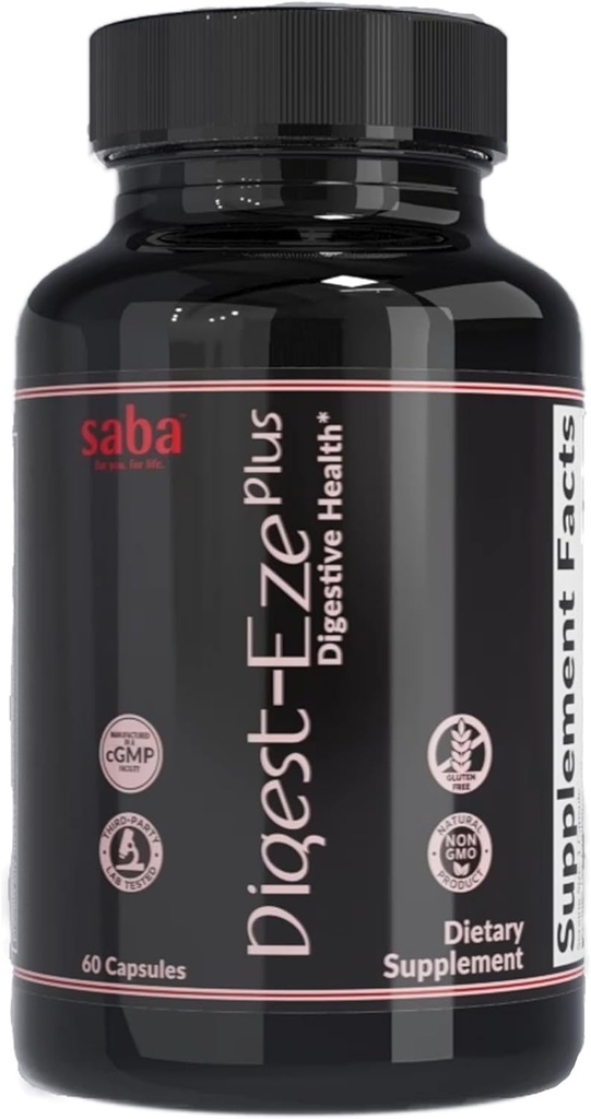 Saba Digestive-EZE Plus-Broad Spectrum Plant-Sourced Enzymes, Prebiotics & Probiotics -Υποστήριξη Digestive & Gut Λειτουργίες, Ανοσία & Απορρόφηση με Betaine, Bromelain -60 Κάψουλες