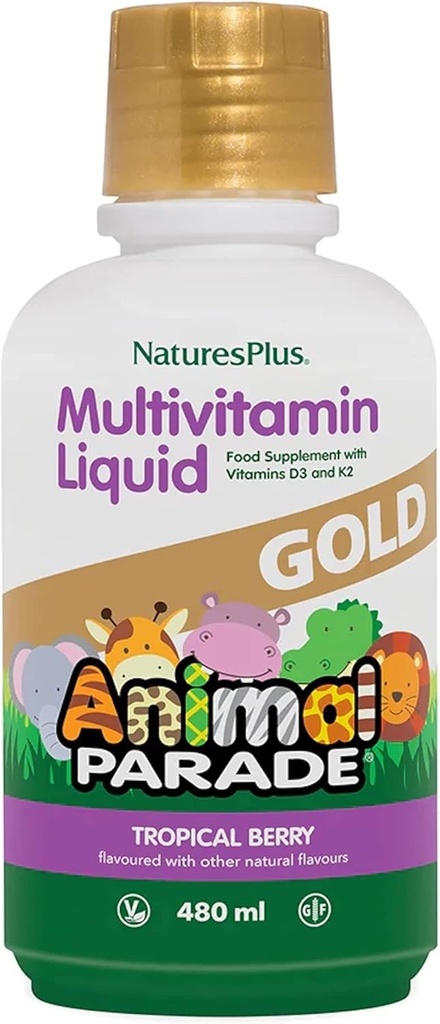 NaturesPlus Animal Parade Gold Παιδική Υγρή Πολυβιταμίνη, 16 fl oz - Φυσικό Τροπικό άρωμα μούρου - συμπλήρωμα υποστήριξης ανοσοποιητικών - Χωρίς γλουτένη, Vegan - 32 εξυπηρετήσεις