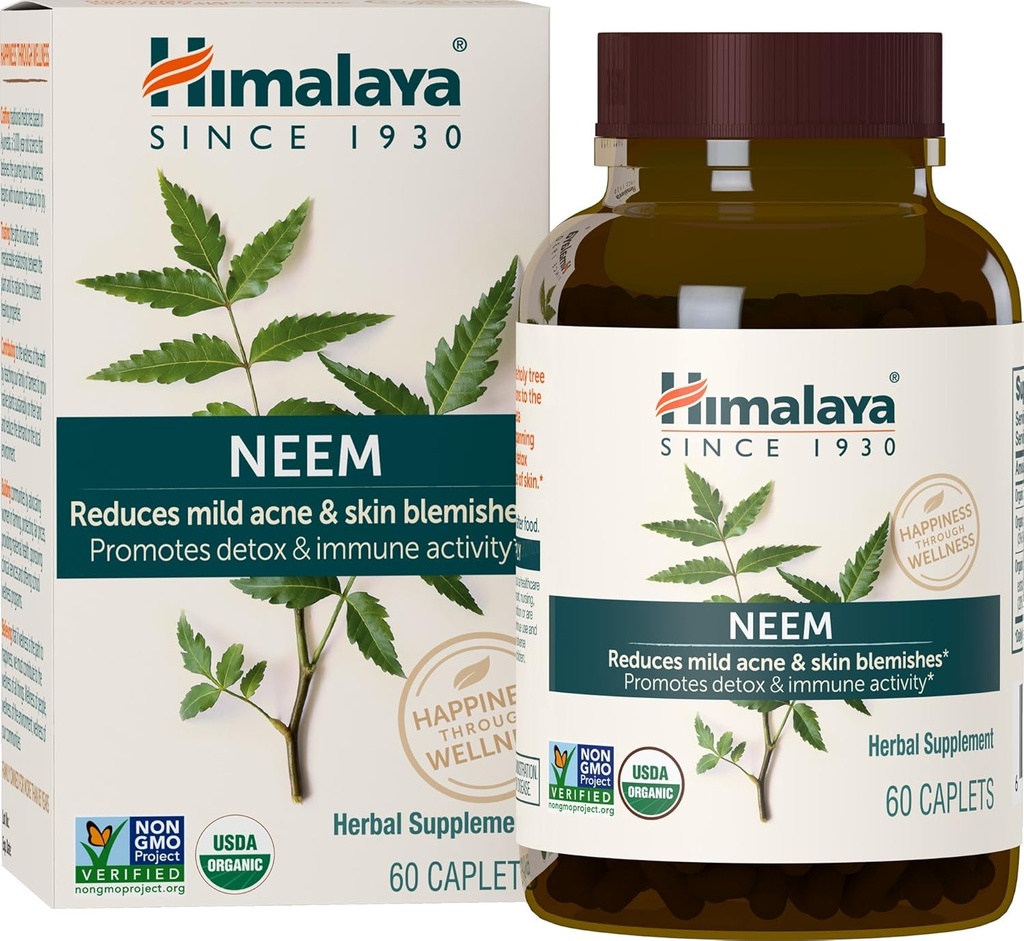 Himalaya Organic Neem, 60 Day Supply - Βότανο Acne Συμπληρώματα Υποστήριξη Καθαρό Δέρμα και Detox - USDA Organic, Vegan, Μη ΓΤΟ, Χωρίς Γλουτένη, 600 mg, 60 Caplets