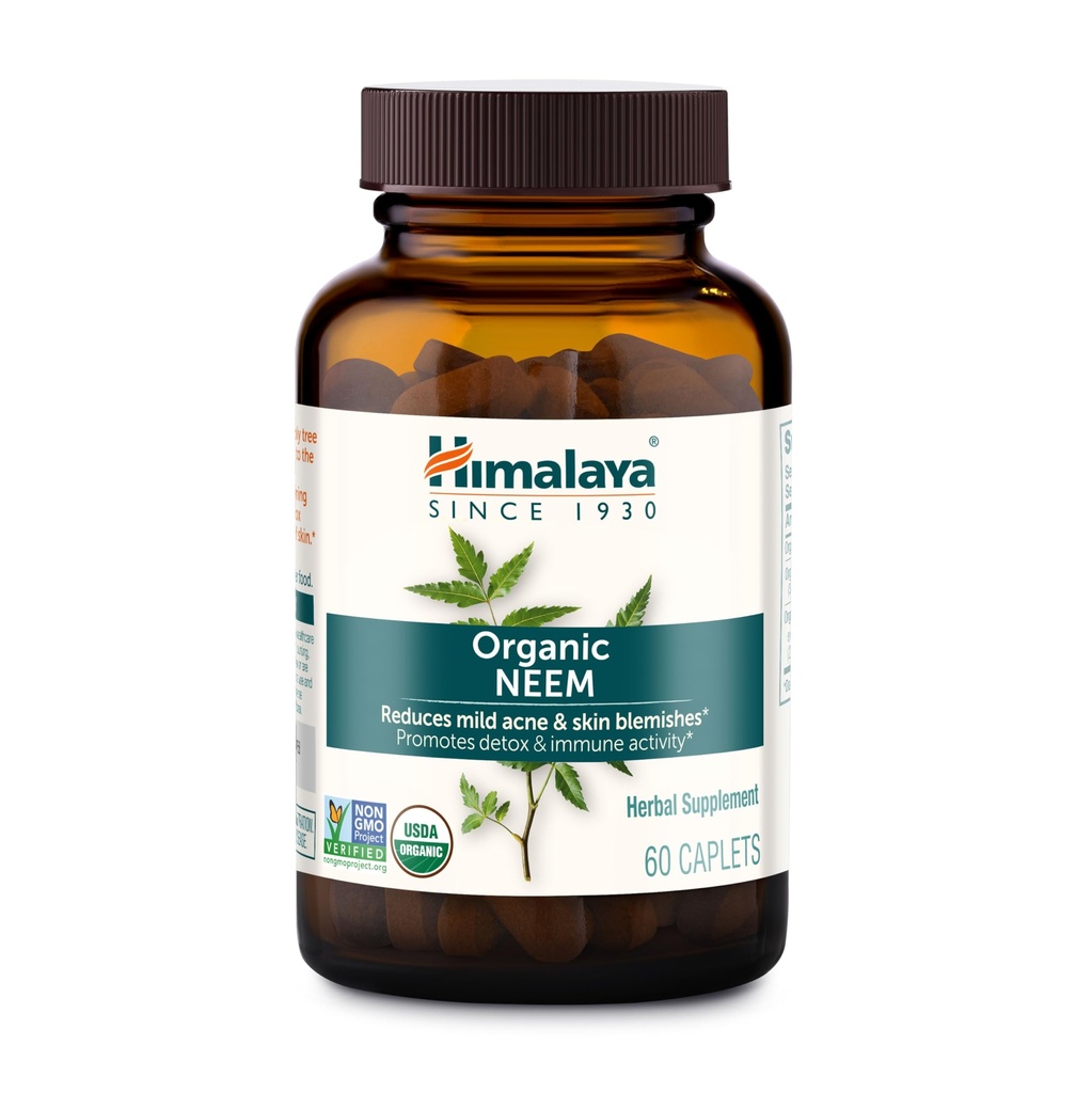 Himalaya Organic Neem, 60 Day Supply - Βότανο Acne Συμπληρώματα Υποστήριξη Καθαρό Δέρμα και Detox - USDA Organic, Vegan, Μη ΓΤΟ, Χωρίς Γλουτένη, 600 mg, 60 Caplets