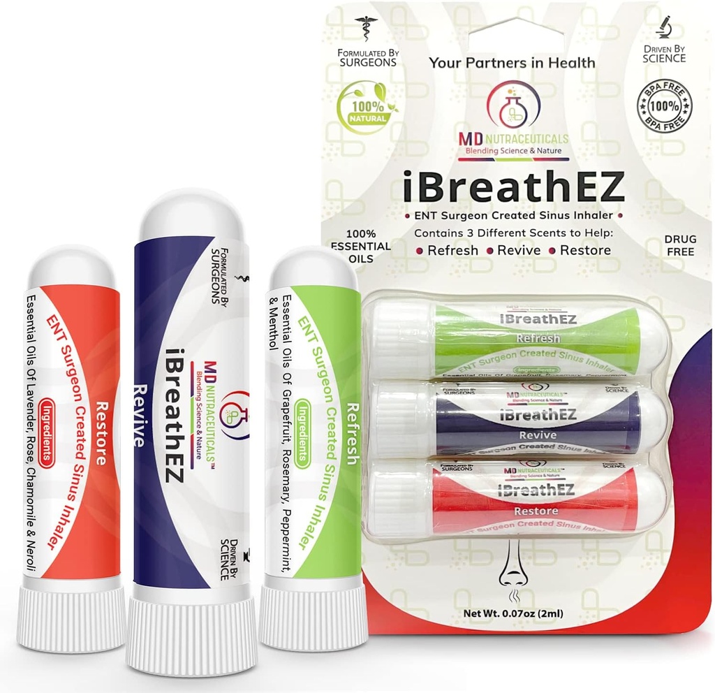 iBreathEZ Nasal Sinus Inhaler Kit Formulated by ENT Surgeons with Essential Oils for Energy, Stress, Decongesting & Ψυχρό ή Αλλεργία Relief (3 Pack)