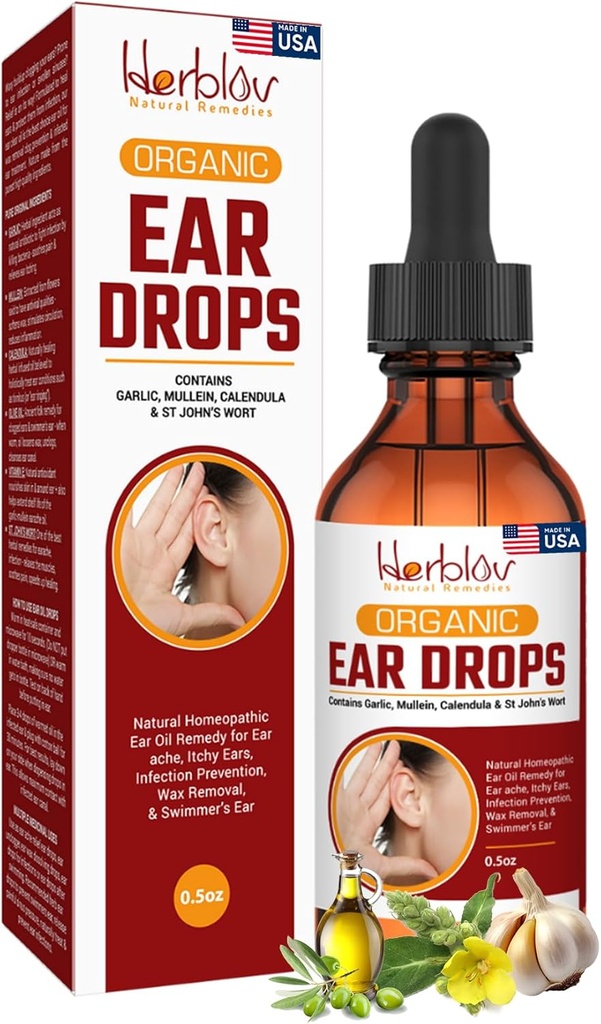 Organic Ear Oil for Ear Infections - Natural Eardrops for Infection Prevention, Swimmer's Ear & Wax Removal - Kids, Adults, Baby, Dog Earache Remedy - with Mullein, Garlic, Calendula, Made in USA