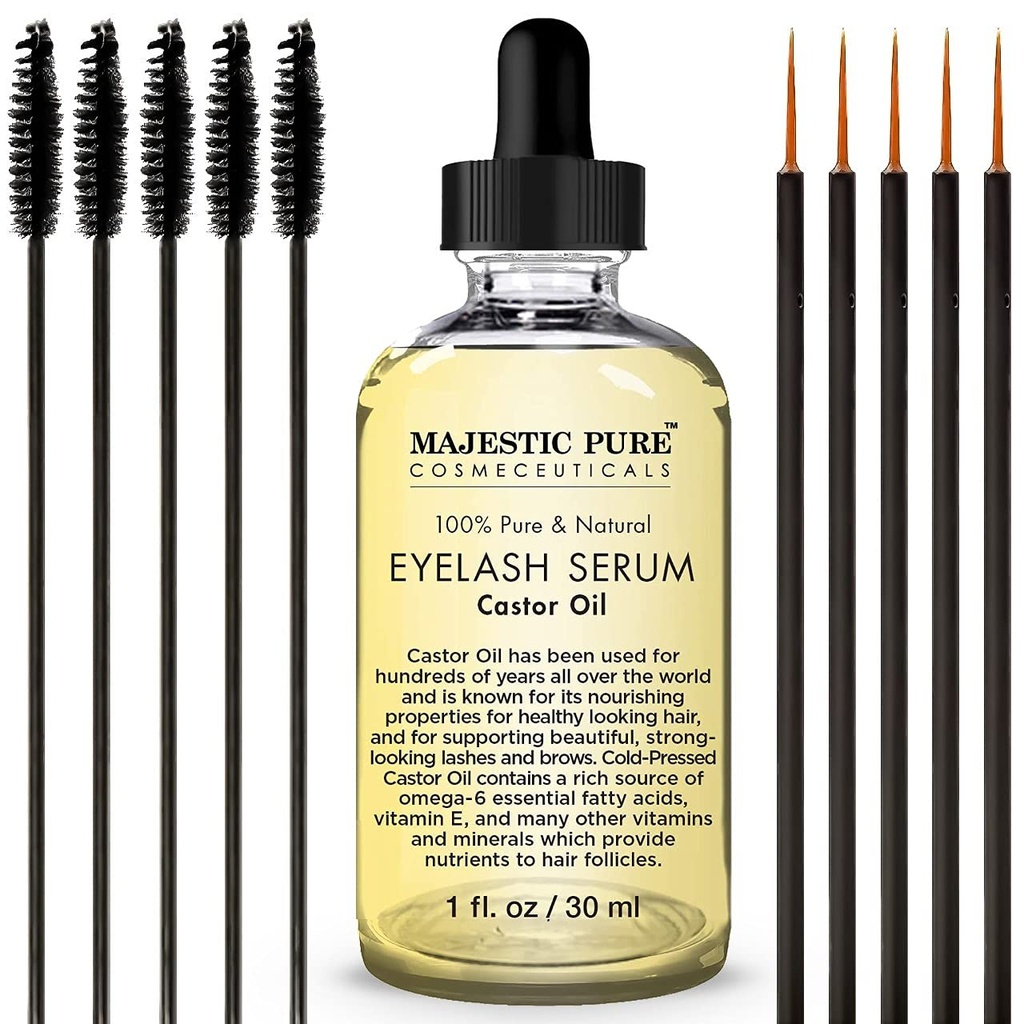 Majestic Pure Castor Oil Eyelash Serum - με Apple & Argan Stem Cells - Ορός ανάπτυξης των βλεφαρίδων για πιο παχιές βλεφαρίδες, φρύδια & μαλλιά - Δωρεάν σετ από Mascara Brush & Eyeliner Applicator - 1 fl oz