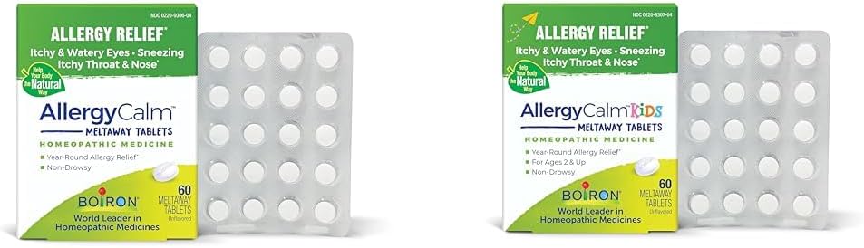 Boiron AllergyCalm Tablets for Allergy Relief Bundle with Adult 60 Count and Kids 60 Count