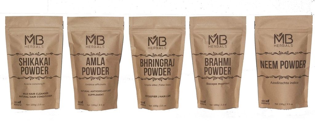MB Herbals Hair Care Powders COMBO Pack | Shikakai | Neem | Brahmi | Amla | Bhringaraj | Powders | 100 Grams Each | For Hair Growth | Hair Mask Powder | External Use Only