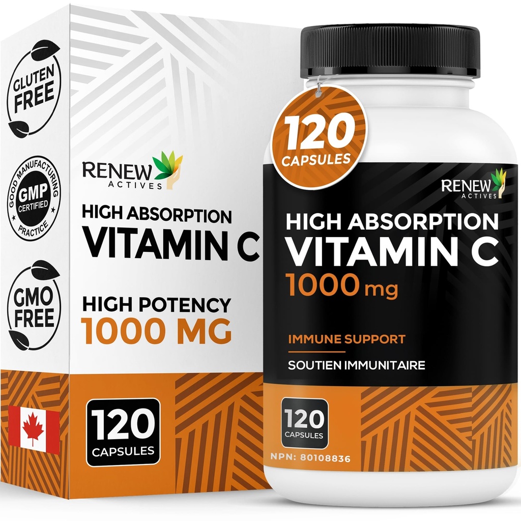 RENEW ACTIVES Μέγιστη δύναμη Βιταμίνη C 1000MG ανά υπηρεσία – Αντιοξειδωτικό & Ανοσοποιητικό Αναμνηστικό για τη συνολική υγεία, οστά, δόντια & τσίχλες – Μη-GMO, Χωρίς ζάχαρη, 4-Month Supply – Κατασκευασμένο στον Καναδά – 120 κάψουλες