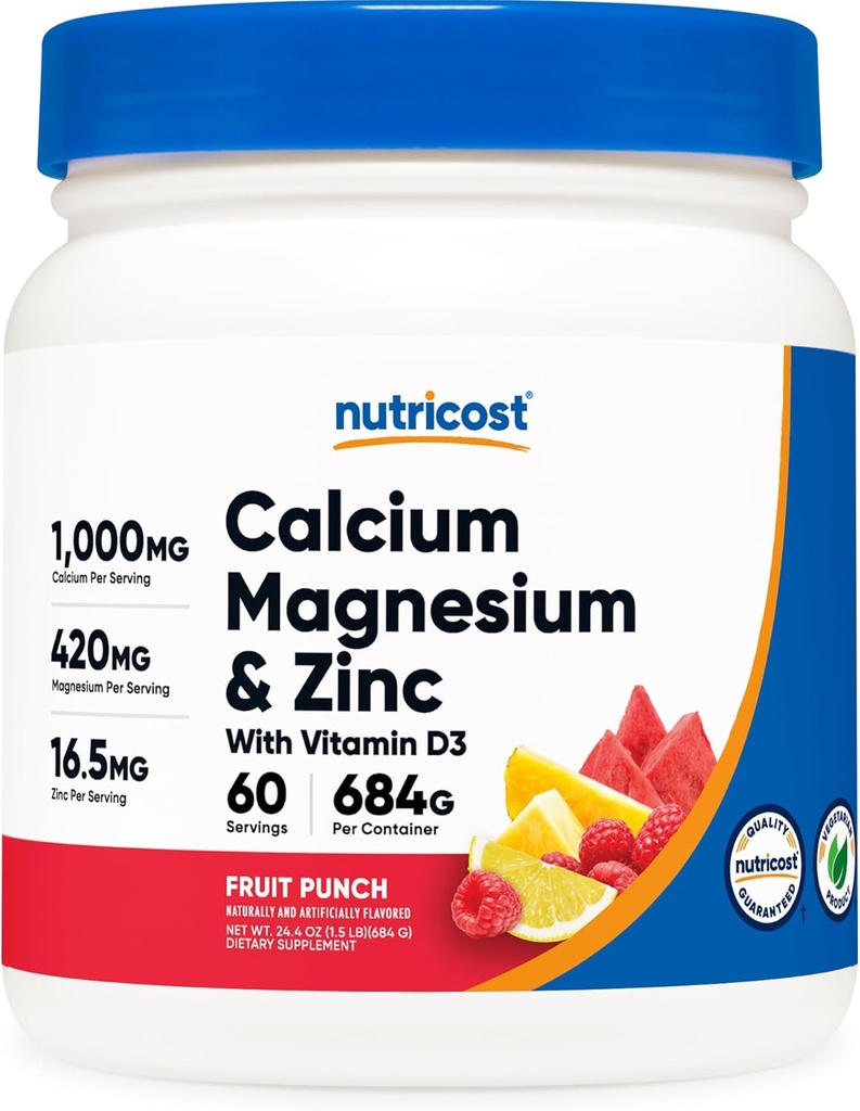 Nutricost Ασβέστιο Μαγνήσιο Ψευδάργυρος με βιταμίνη D3 σκόνη, 60 σέρβις (Fruit Punch) - Ασβέστιο (1000 MG) Μαγνήσιο (420 MG) Ψευδάργυρος (16,5 MG) Βιταμίνη D3 (30 MCG) - Χωρίς γλουτένη, Μη ΓΤΟ