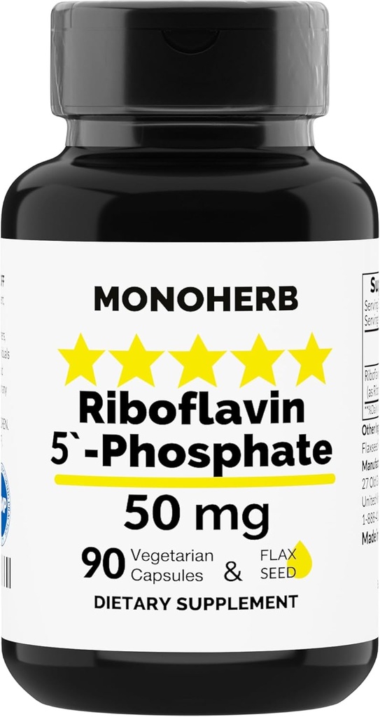 MONOHERB Riboflavin 5'-Phosphate 50 mg - 90 Vegetarian Capsules - Bioactive Vitamin B2 - Made in USA
