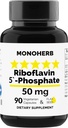 MONOHERB Ριβοφλαβίνη 5'-Φωσφορικό 50 mg - 90 Κάψουλες Χορτοφάγου - Βιοενεργή Βιταμίνη B2 - Κατασκευασμένη στις ΗΠΑ